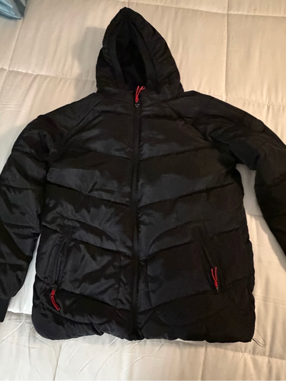 Perry Ellis Kids Black Hooded Puffer Jacket with Red Zipper Accents